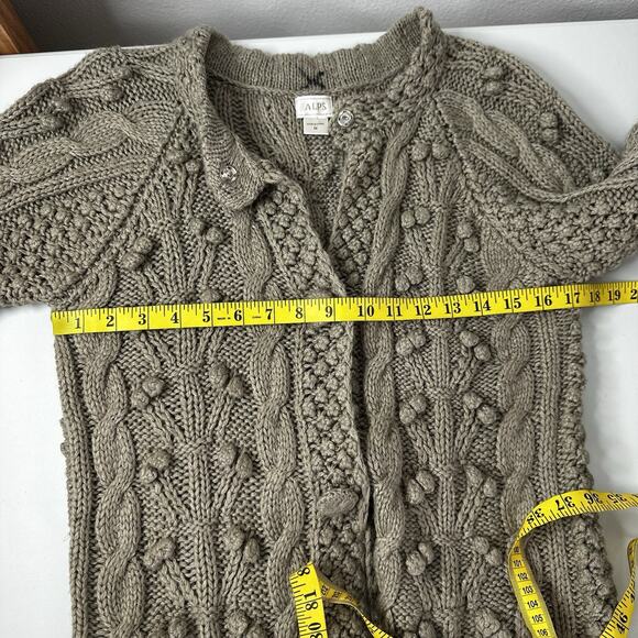 Alps Sweater Womens Medium Beige Button Bobbles Chunky Cable Cardigan Wool Poms - Picture 11 of 12